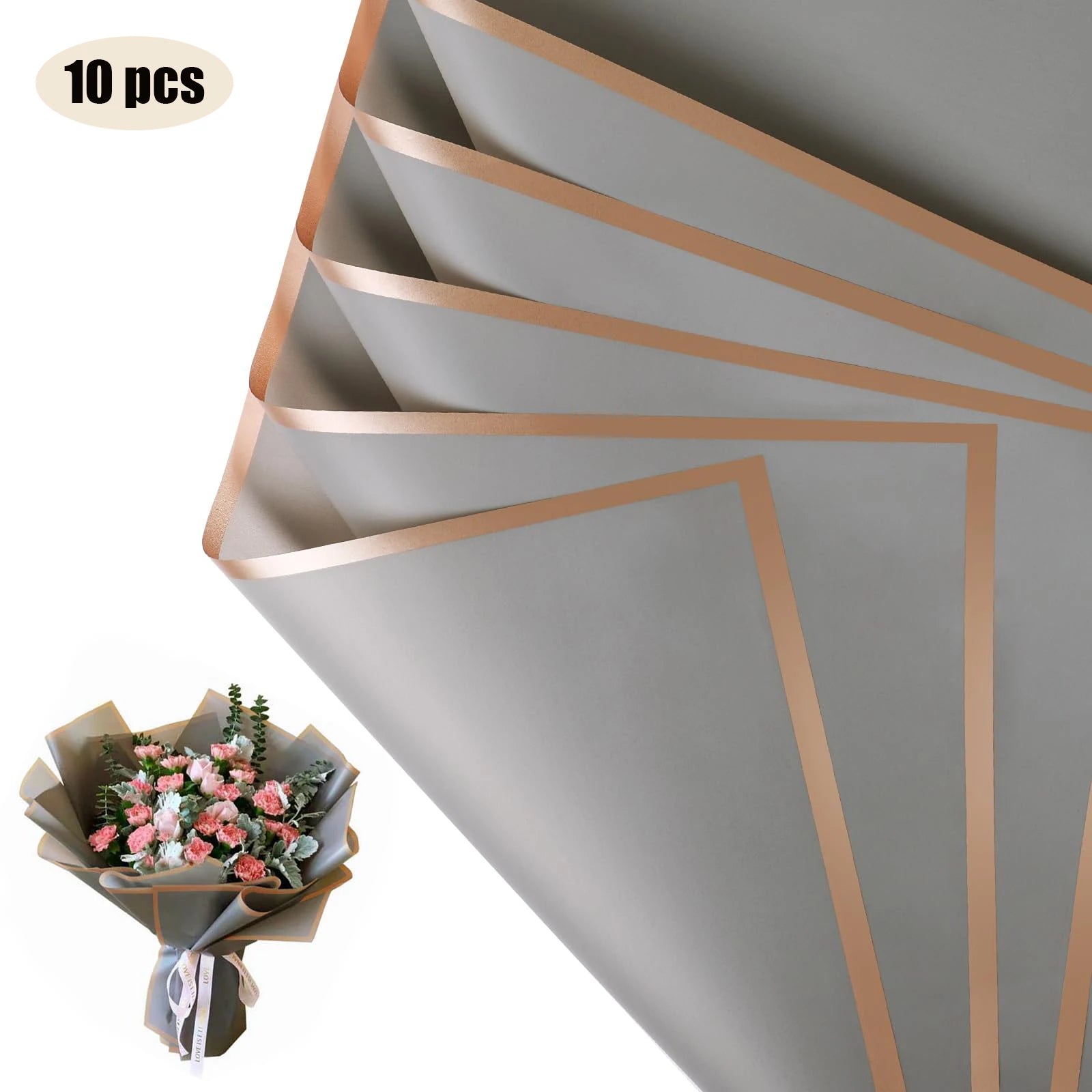 10 Sheets Flower Wrapping Paper with Golden Edges, Waterproof.