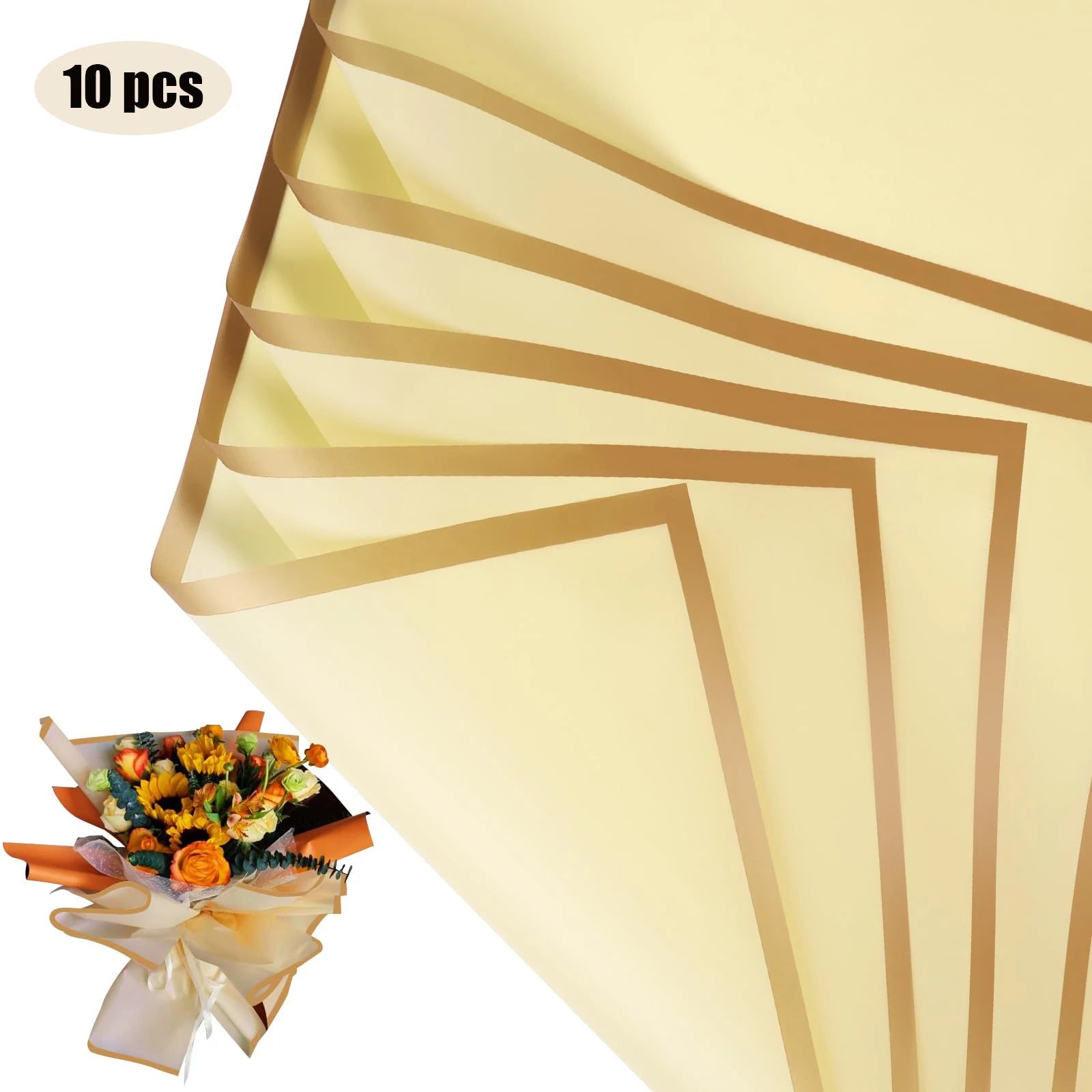 10 Sheets Flower Wrapping Paper with Golden Edges, Waterproof.