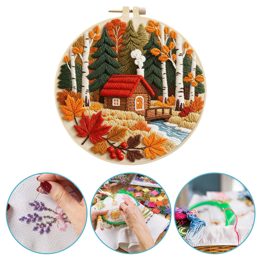 Autumn DIY Embroidery Kit with Embroidery Hoop, Practice Kit for Beginners Craft Lovers Gift