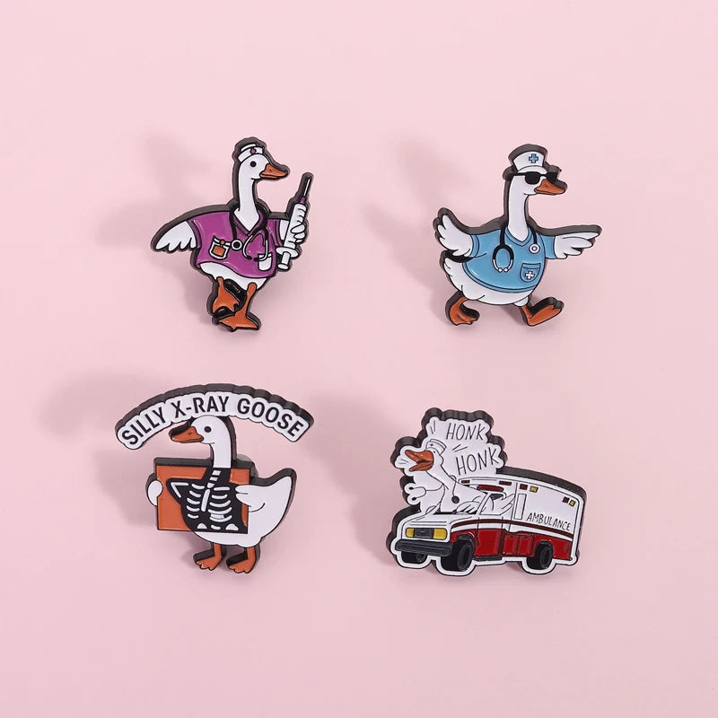 Medical Goose Brooch Enamel Pin Goose Doctor Stethoscope Syringe Silly X-Ray Goose Brooches Lapel Badge Jewelry Gift for Friends