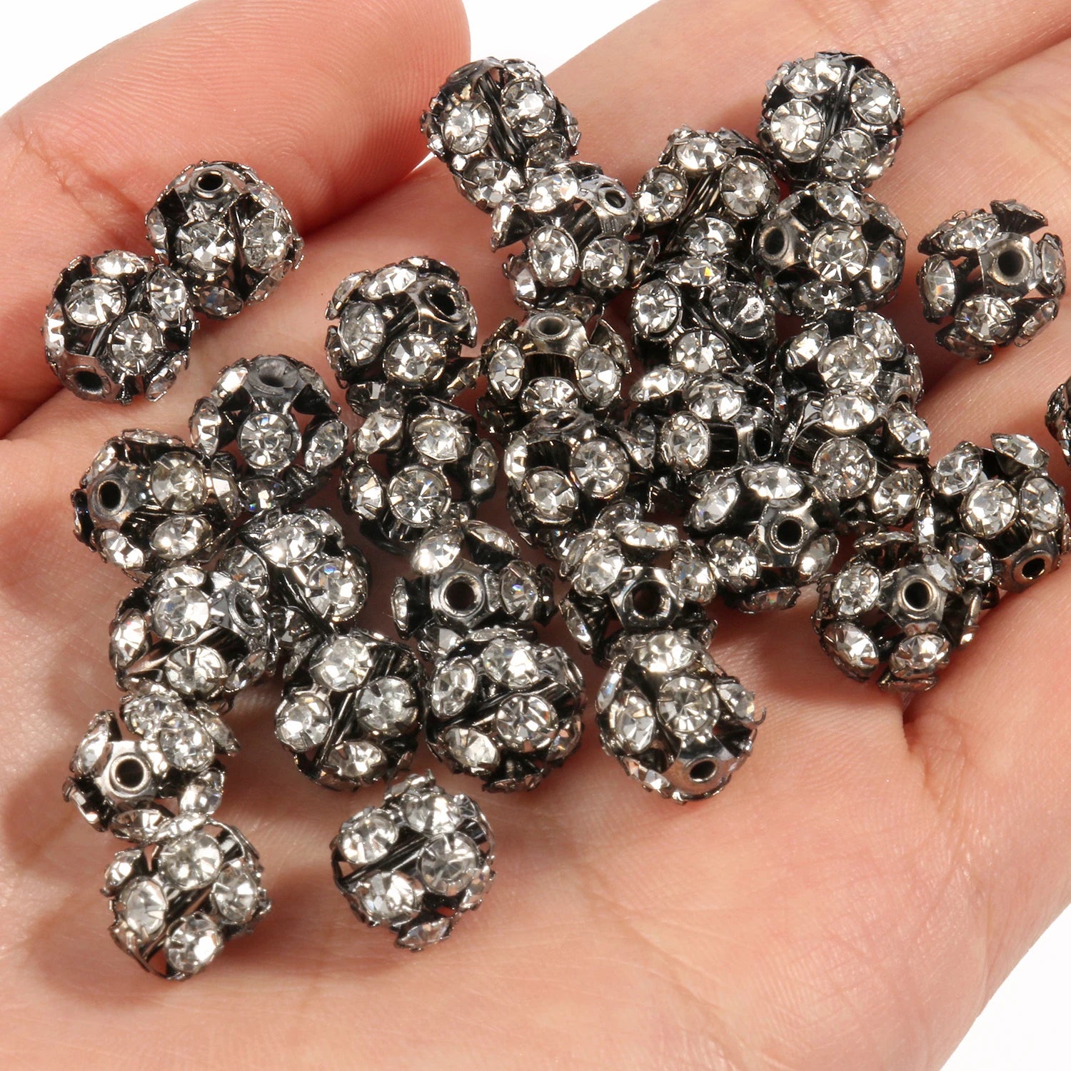 50pc/Lot 6mm 8mm 10mm AB Color  Rhinestone Ball Shape Loose Beads Metal Crystal Beads