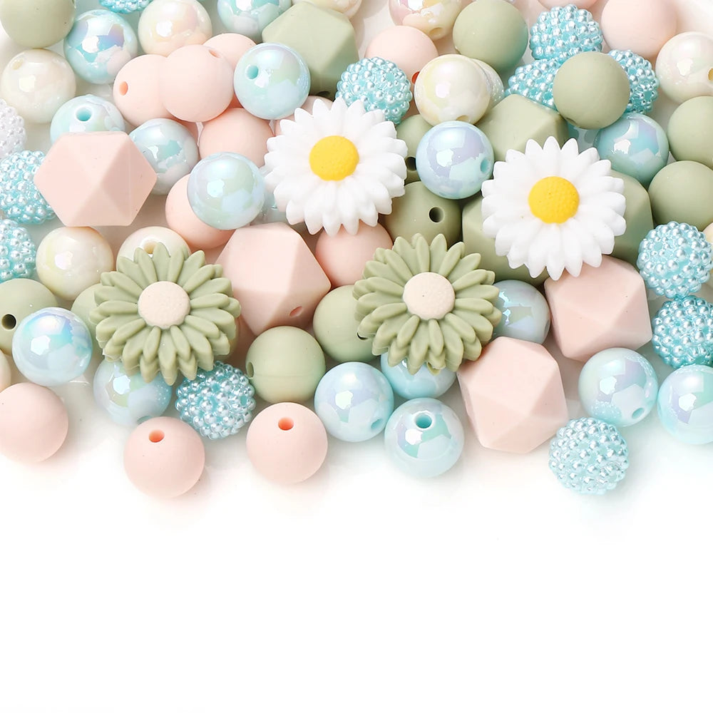 70Pcs Daisy Silicone Bead Set Multi-Shape for Pens Lanyard Keychain Bracelet Making
