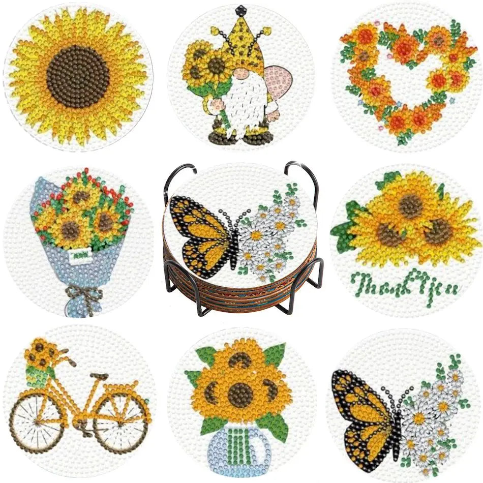 8pcs/Set DIY Diamond Painting Coasters Flowers wood For Drinks Crystal Rhinestones Diamond Art Coasters With Holder