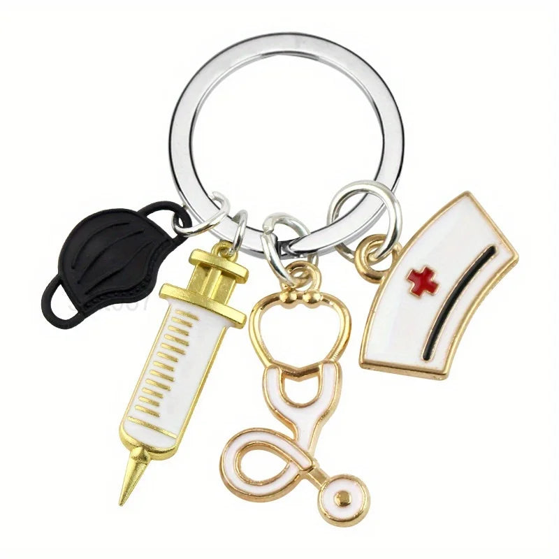 1Pc Nurse Theme Keyring Charm,Stethoscope Medical Mask Syringe Bag Purse
