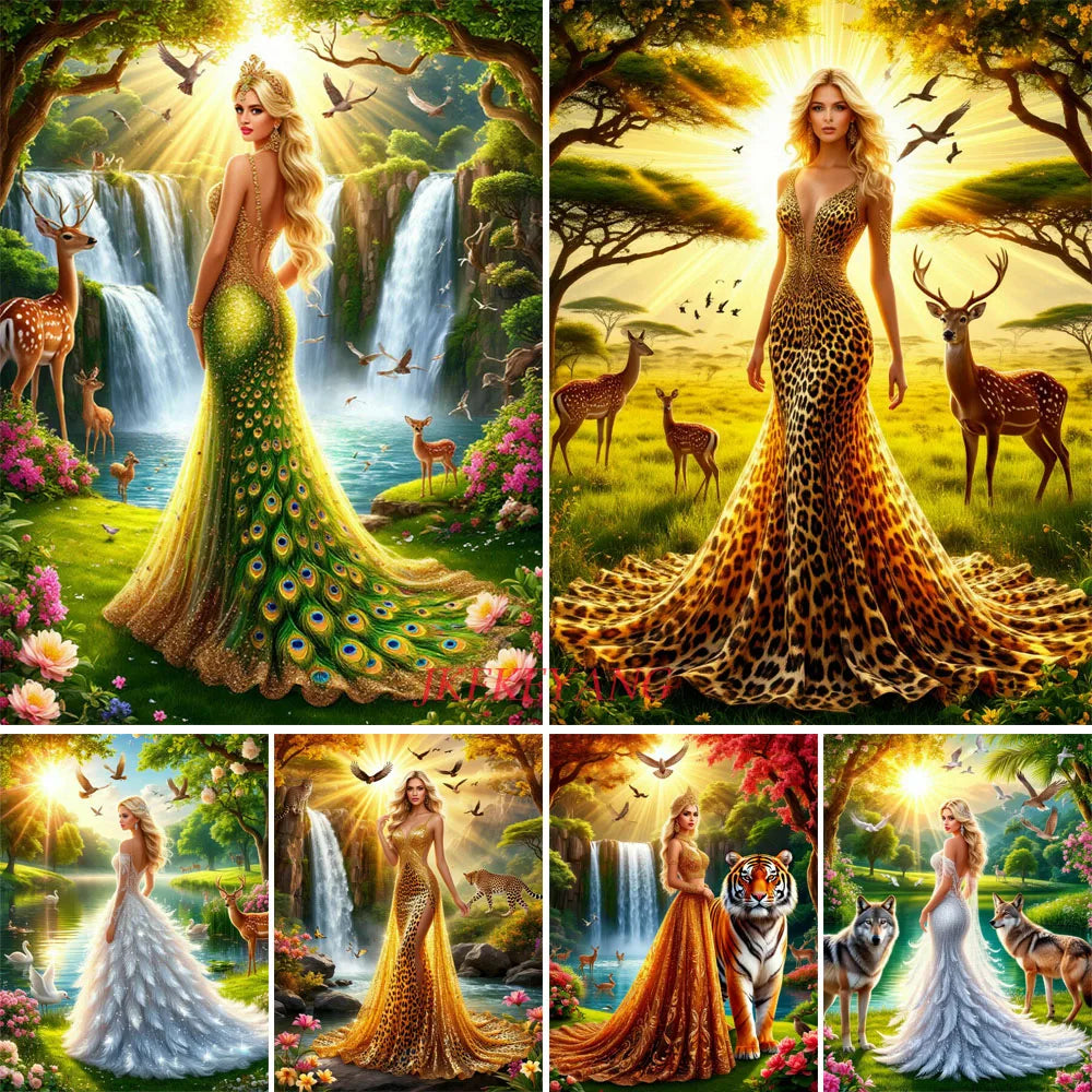 5D Diy Diamond Embroidery Beautiful Woman and Animals Picture Diamond Painting