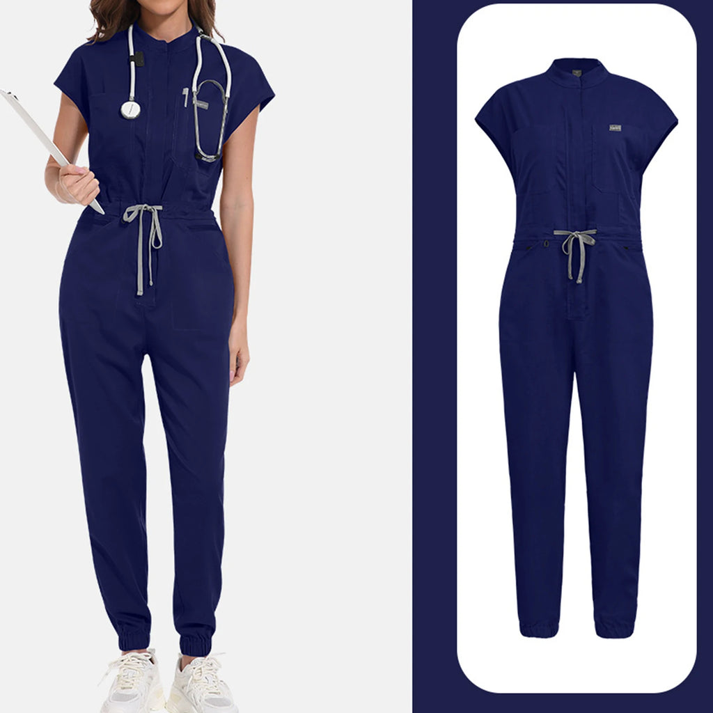 Women's Nurse Jumpsuit Stand Collar Sleeveless Multi-Color Drawstring