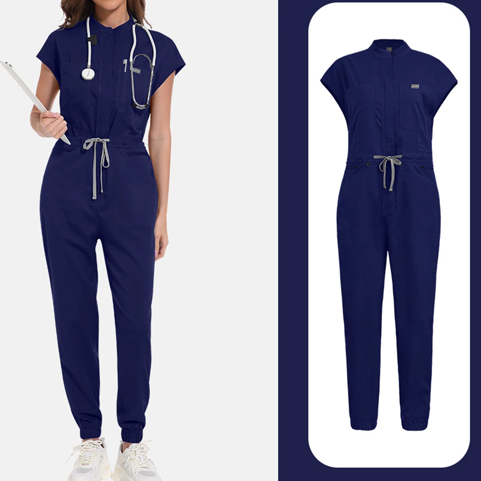 Women's Nurse Jumpsuit Stand Collar Sleeveless Multi-Color Drawstring