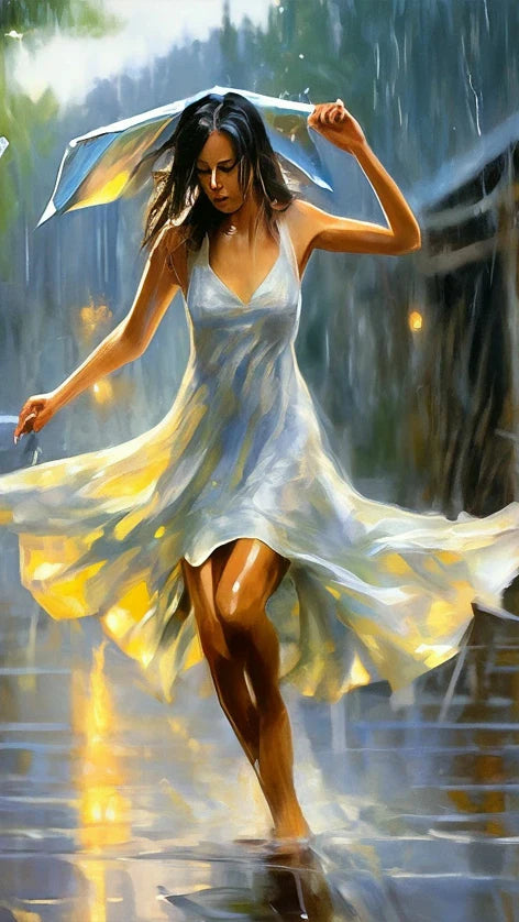 Romantic Rainy Night diamond painting Art Elegant woman Umbrella Street Scene.