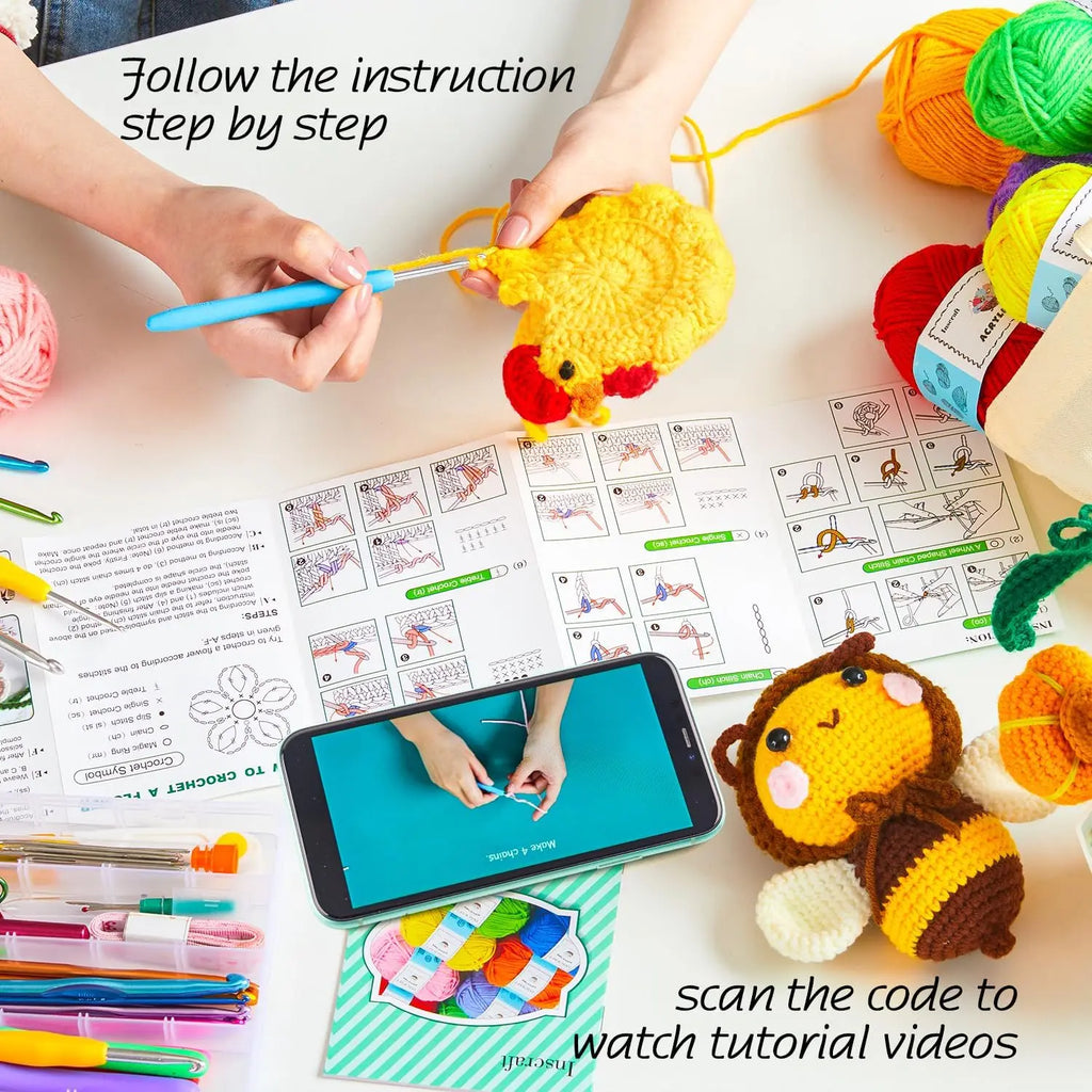 Beginner Crochet Kit with 30 Yarn Skeins, Hooks Set & Tote Bag - Perfect Starter Pack for All Ages