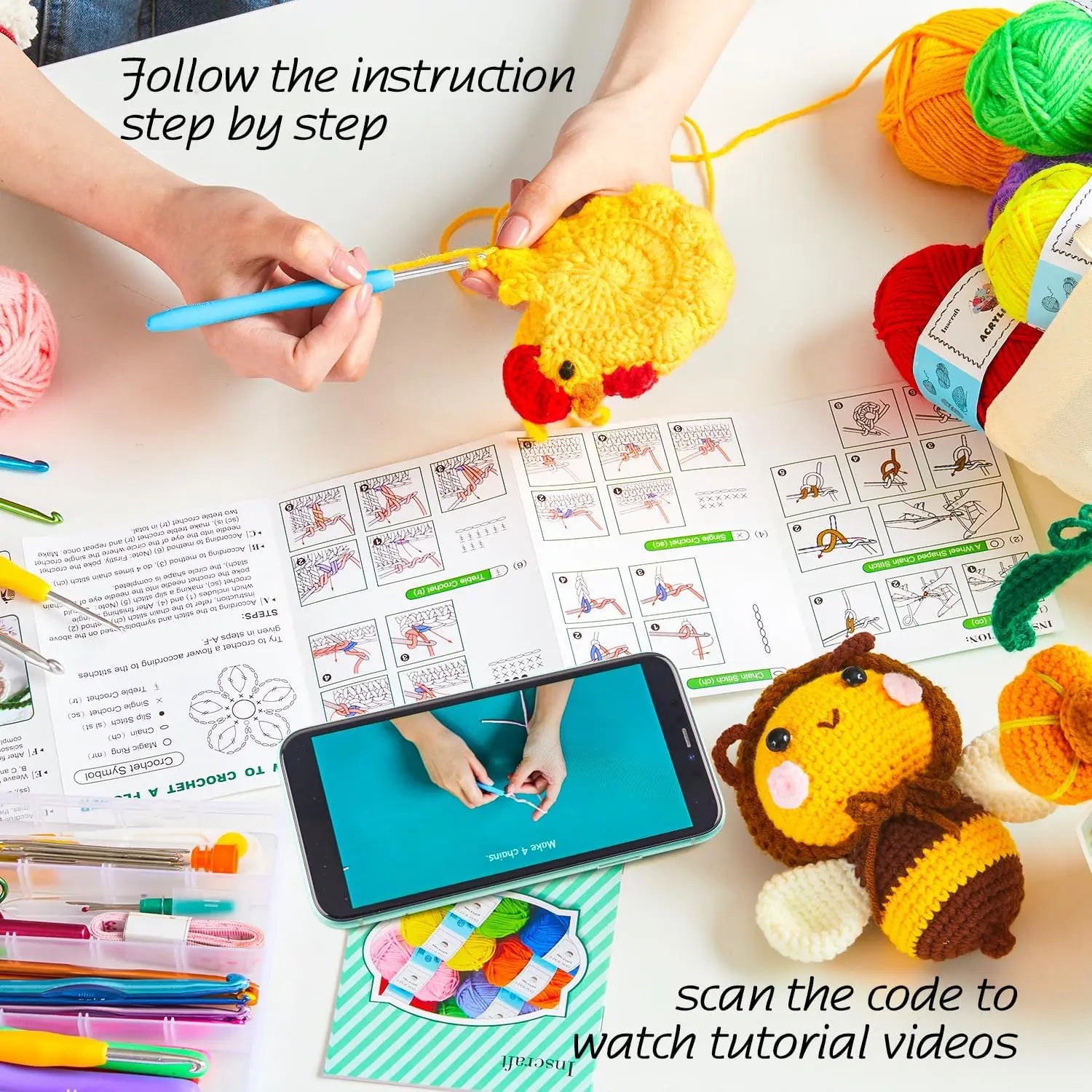Beginner Crochet Kit with 30 Yarn Skeins, Hooks Set & Tote Bag - Perfect Starter Pack for All Ages