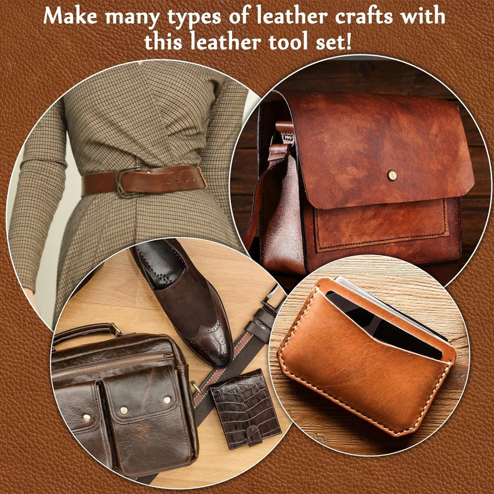 Leather Craft Tools Kit with Awl Stitching Punch Hole Sewing Needles for Leathercraft
