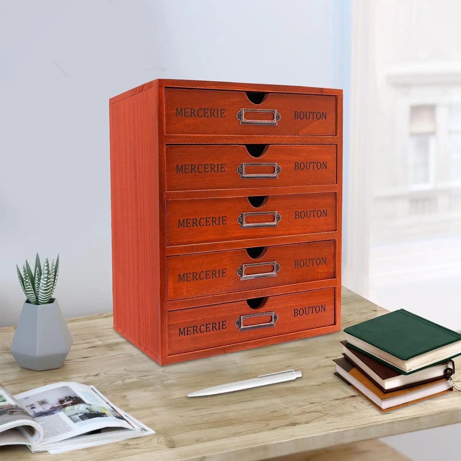 Vintage Wooden 5-Drawer Desktop Organizer with Iron Label Holders  For Storing embroidery and sewing