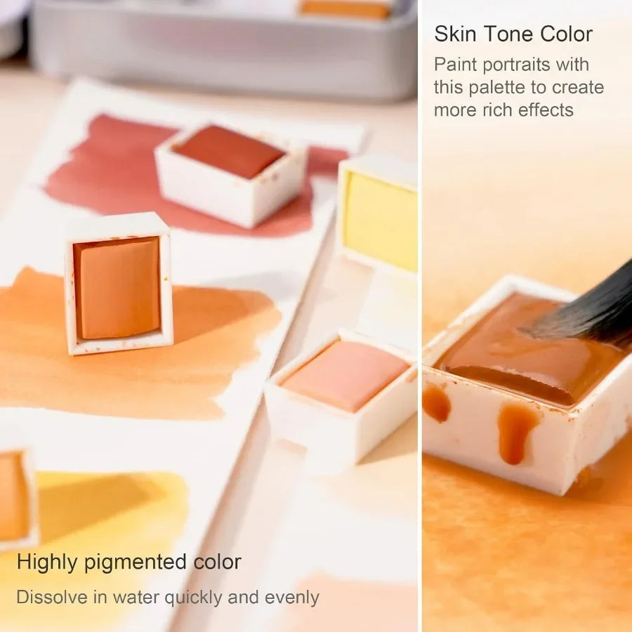 Skin Tone Watercolor Paint Set with 12, in Half Pans Palette