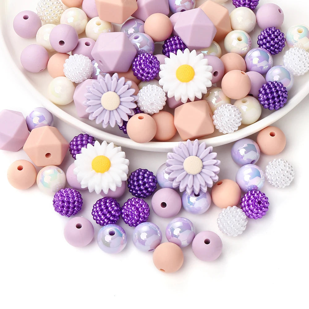 70Pcs Daisy Silicone Bead Set Multi-Shape for Pens Lanyard Keychain Bracelet Making