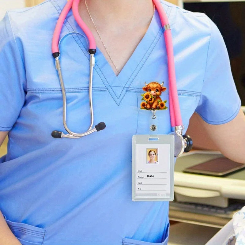 Cute cow retractable badge clip, perfect for nurses, medical staff, and office workers.