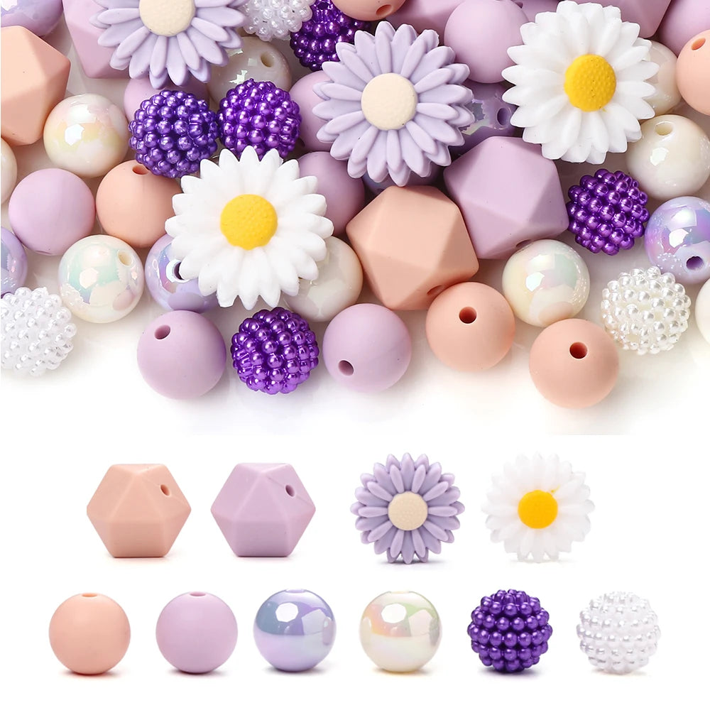 70Pcs Daisy Silicone Bead Set Multi-Shape for Pens Lanyard Keychain Bracelet Making