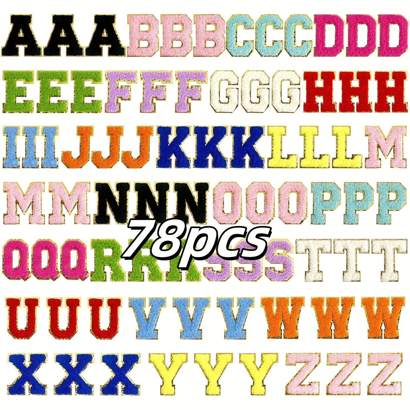 78 pcs Self-Adhesive Alphabet (A-Z) Embroidery Patches: Snow-Themed Mixed Color Design, for Pants and Denim Jacket Decoration