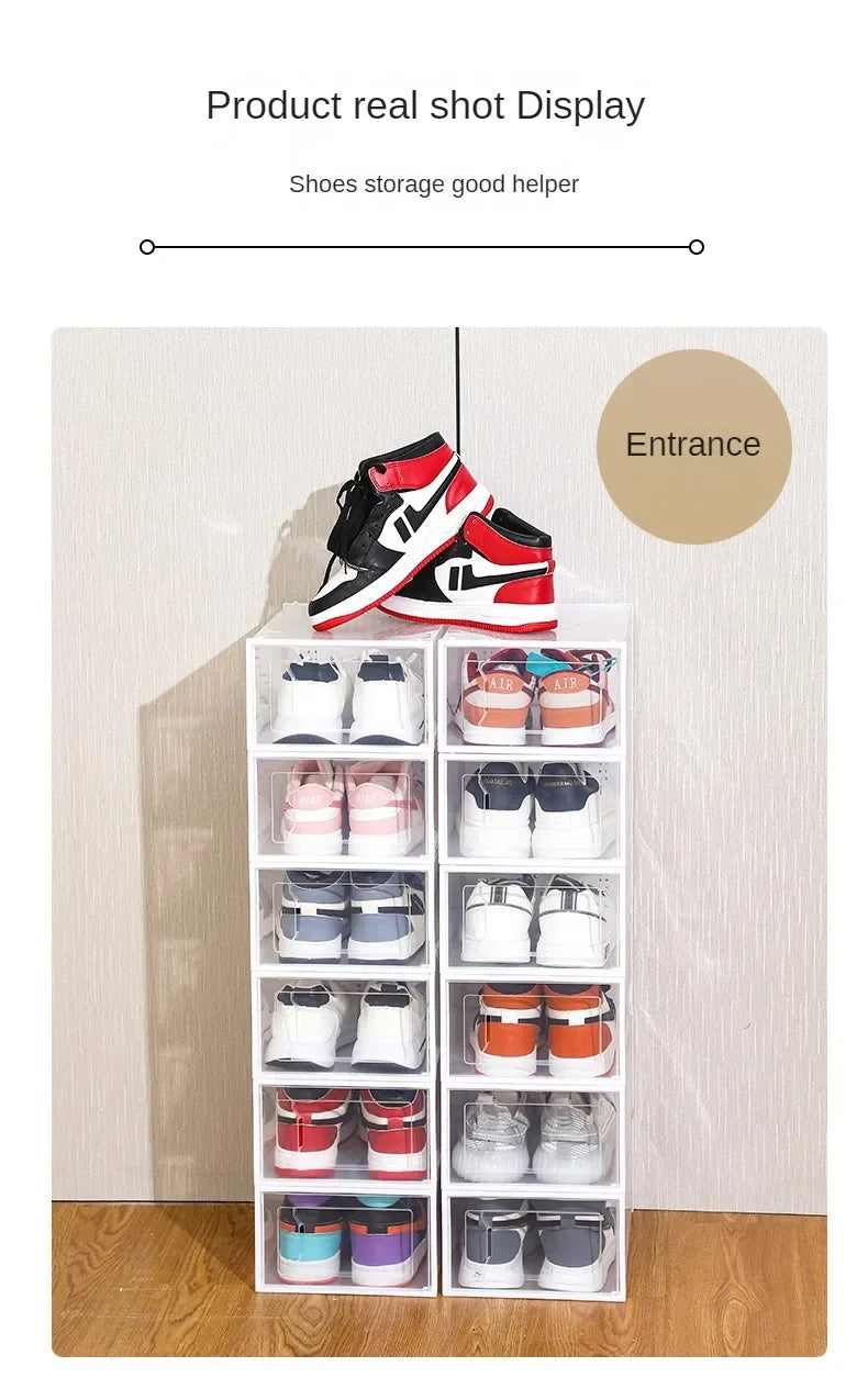 Foldable Clear Plastic Storage Box with Flip Cover Drawer Thick Space Saving Organizer Rack for Shoes Closet Cabinet Bedroom