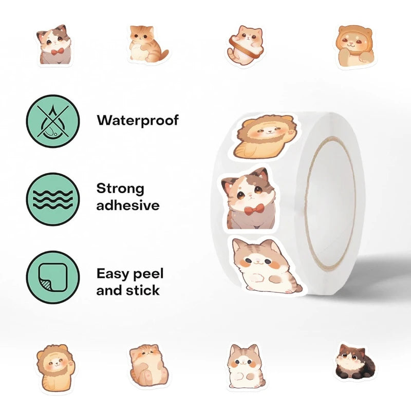 2 types cartoon roll-on stickers, 500 stickers each, cat stickers, DIY journal materials,  seal stickers