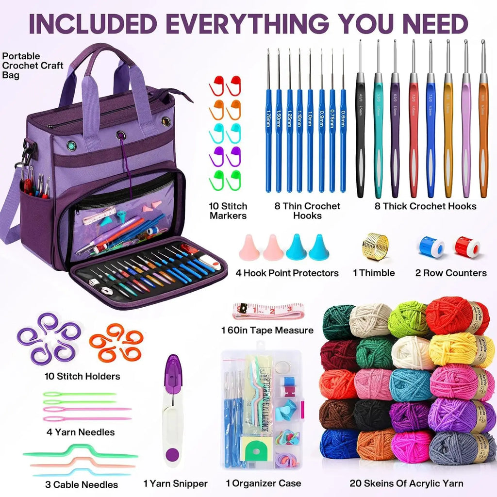 74-Piece Crochet Kit for Beginners with Storage Bag, Yarn, Hooks