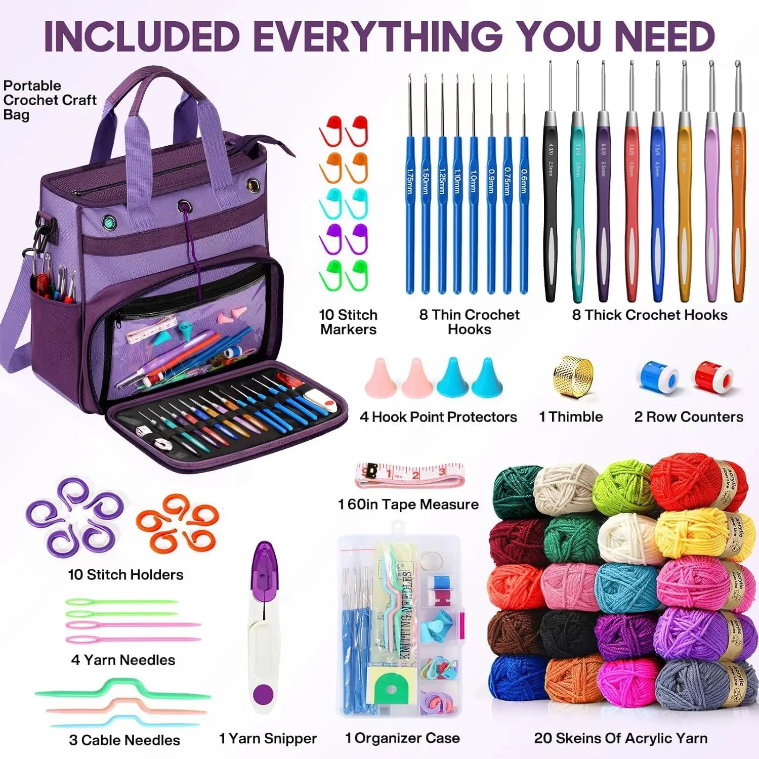 74-Piece Crochet Kit for Beginners with Storage Bag, Yarn, Hooks