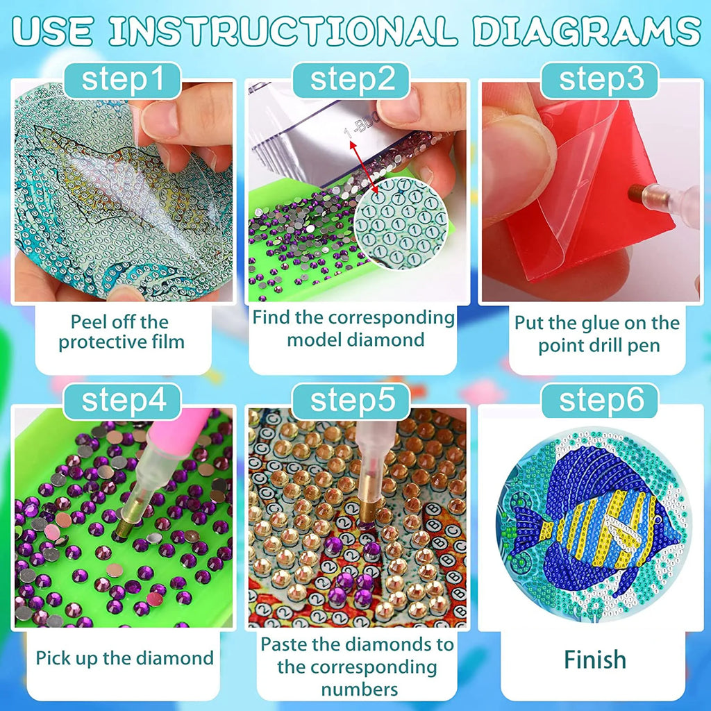 8pc/Sets DIY Diamond Art Coaster Kits for Adults, Kids and Beginners.