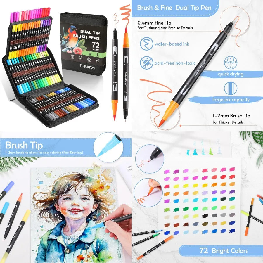 72 Colors Brush Fine Dual Tip Watercolor Markers Set
