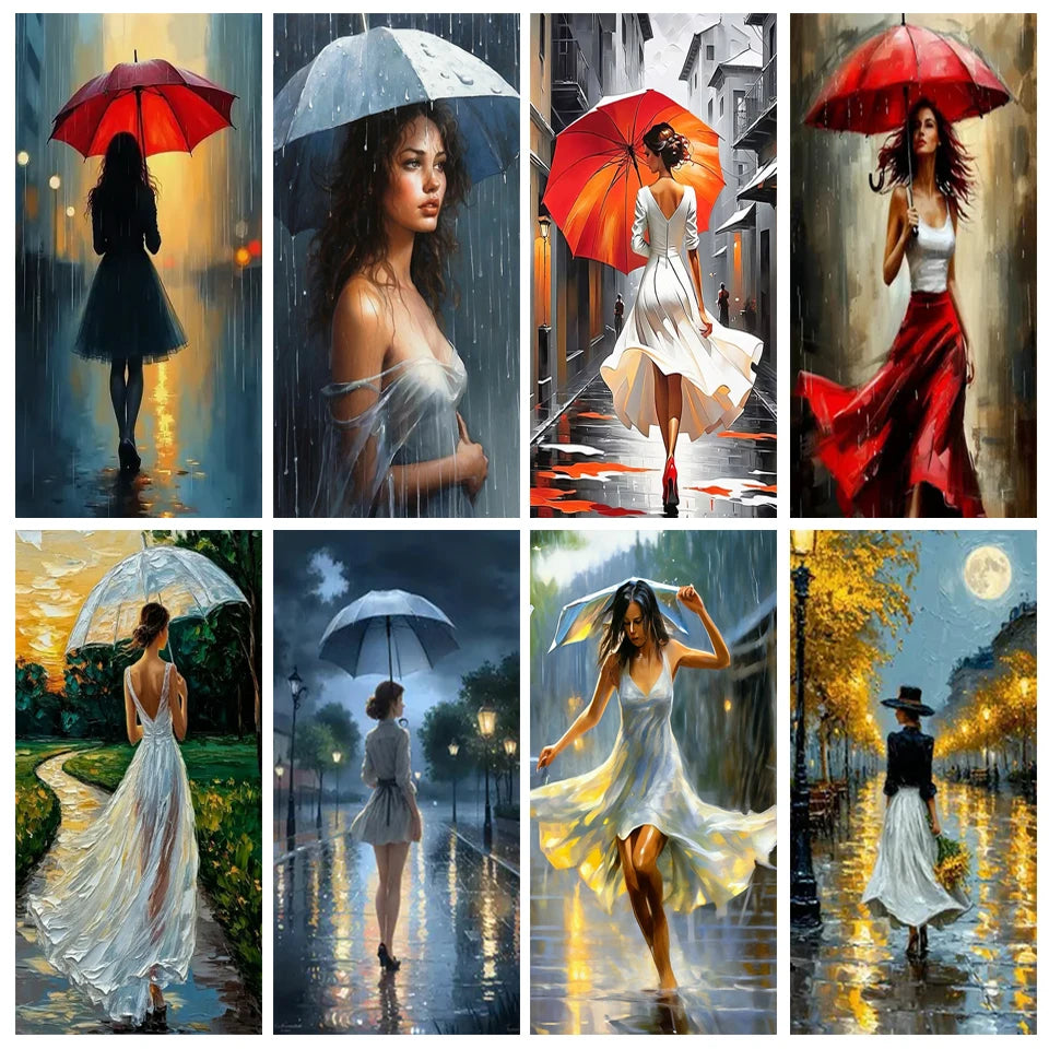 Romantic Rainy Night diamond painting Art Elegant woman Umbrella Street Scene.