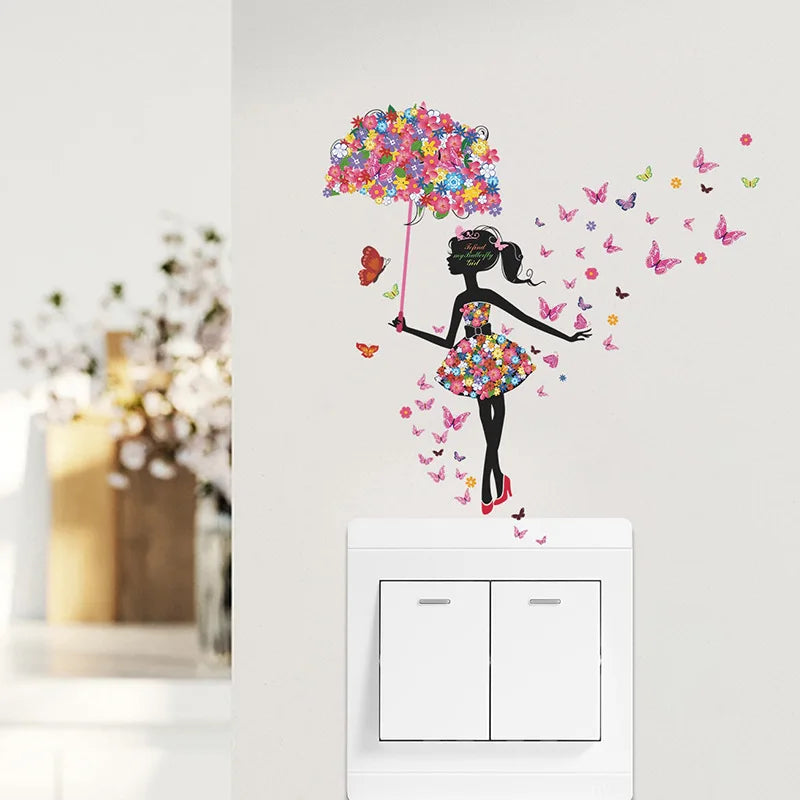 wall stickers switch Butterfly girl children's room, mural Self-adhesive Wall Decals
