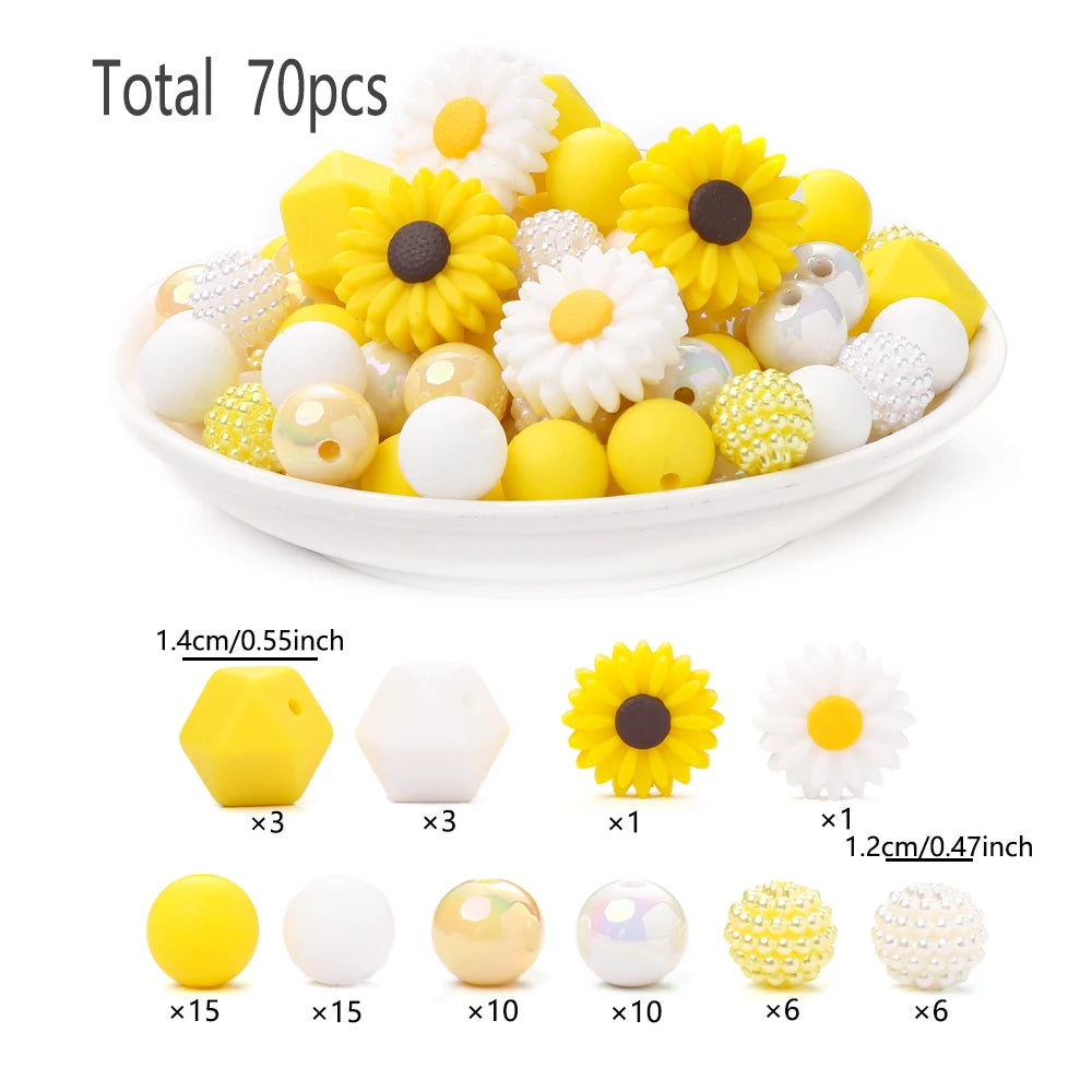 70Pcs Daisy Silicone Bead Set Multi-Shape for Pens Lanyard Keychain Bracelet Making
