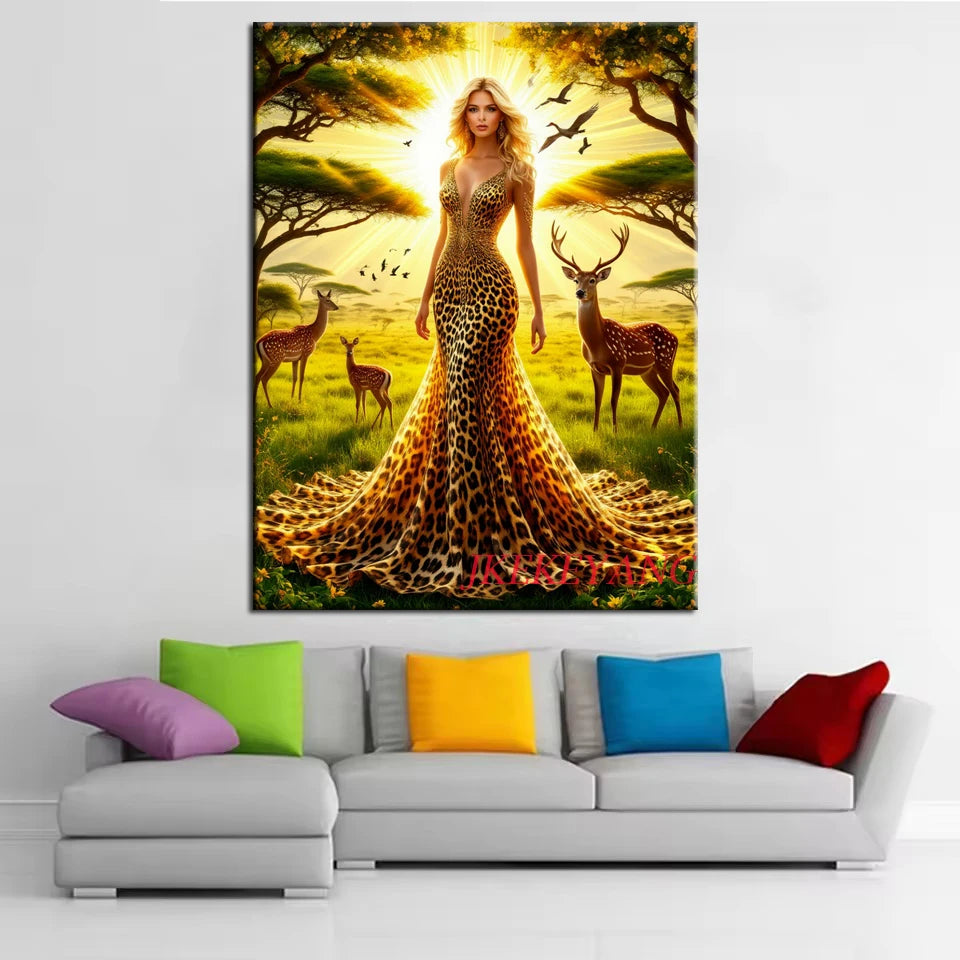 5D Diy Diamond Embroidery Beautiful Woman and Animals Picture Diamond Painting