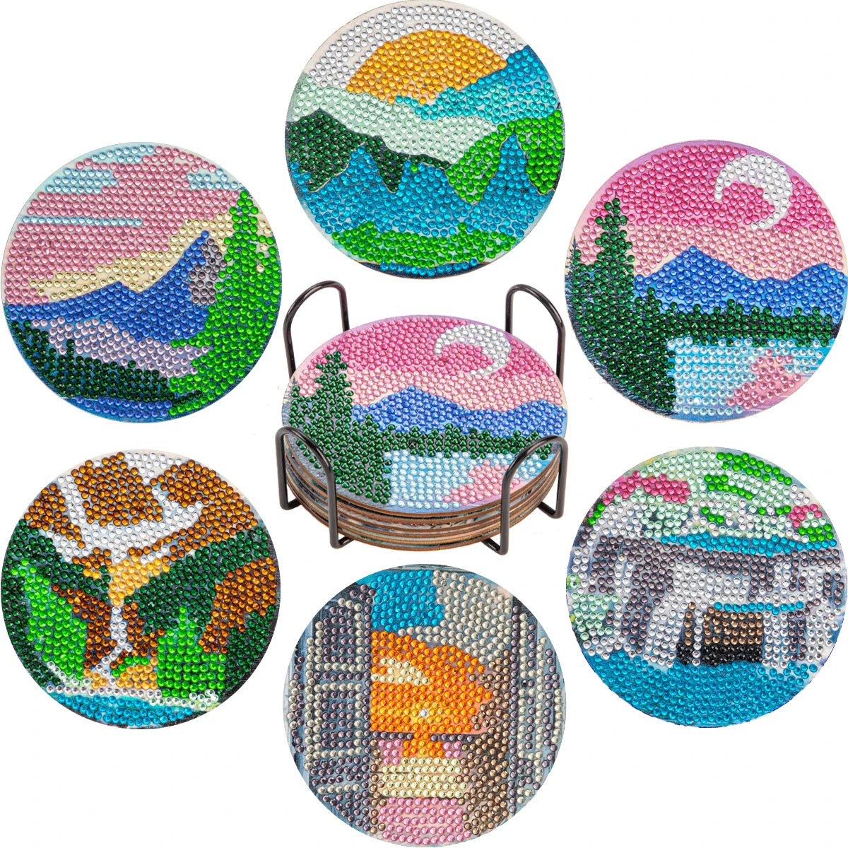 6Pcs DIY Diamond Painting Coasters Mandala Flowers 5D Full Drill Diamond Art Non Slip Coasters with Holder Ideal Christmas Gift