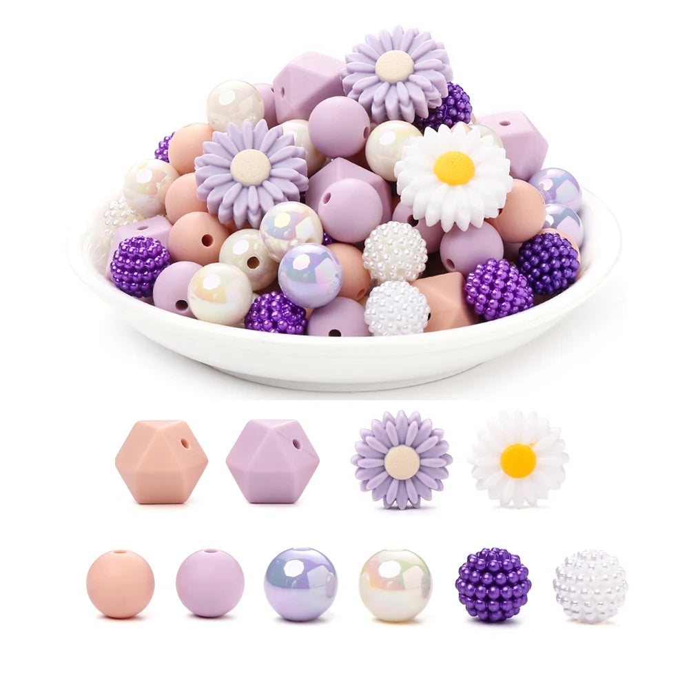 70Pcs Daisy Silicone Bead Set Multi-Shape for Pens Lanyard Keychain Bracelet Making