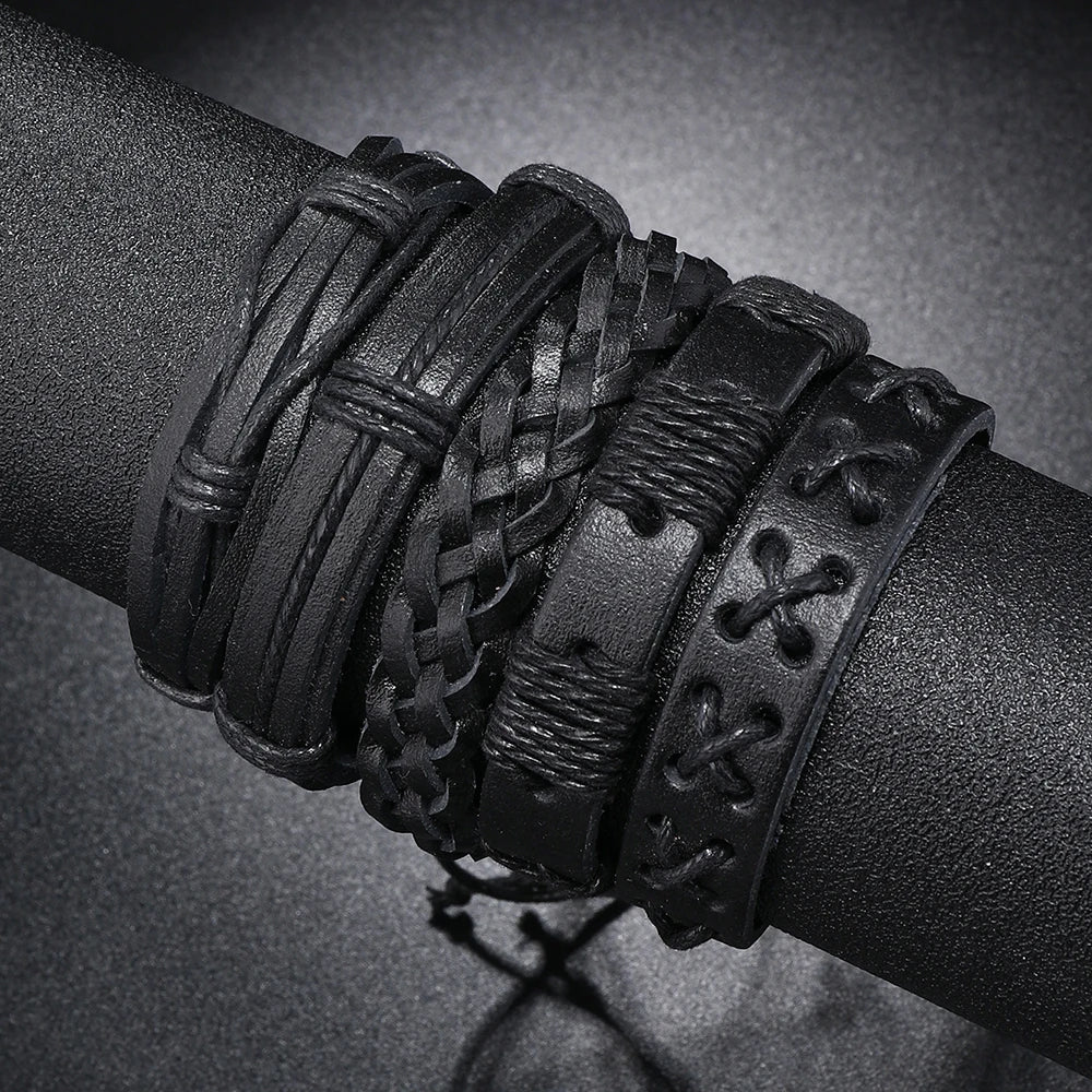 5pcs Punk rock black leather braid bracelet for men women