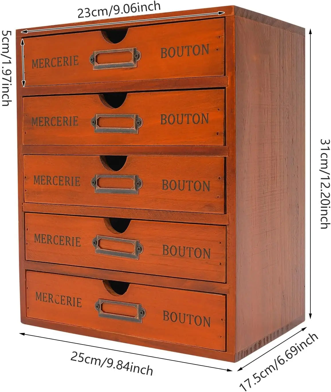 Vintage Wooden 5-Drawer Desktop Organizer with Iron Label Holders  For Storing embroidery and sewing