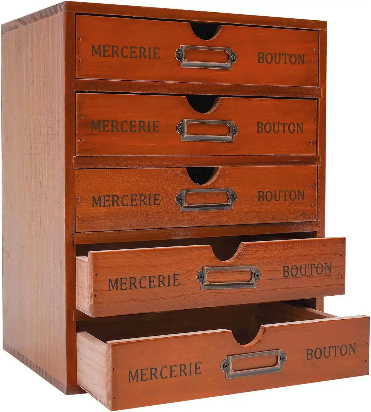 Vintage Wooden 5-Drawer Desktop Organizer with Iron Label Holders  For Storing embroidery and sewing