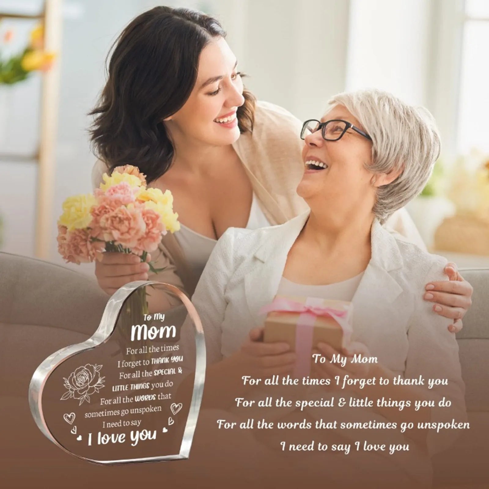 1PCS Mother's Day Gift Sign Heart Shaped Plaque Personalized Gift For Mother Desktop Souvenir Decoration I Love You Mom