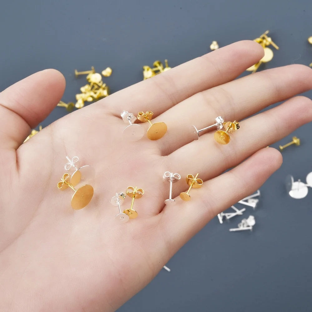 50pcs/Bag 925 Silver Stainless Steel Earring Studs Blank Post Base Pins With Earring Plug