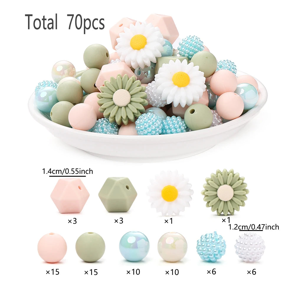 70Pcs Daisy Silicone Bead Set Multi-Shape for Pens Lanyard Keychain Bracelet Making