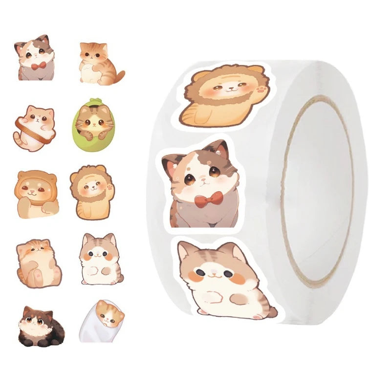 2 types cartoon roll-on stickers, 500 stickers each, cat stickers, DIY journal materials,  seal stickers