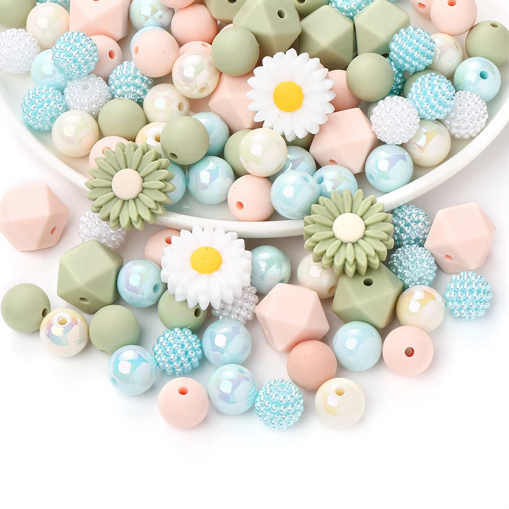 70Pcs Daisy Silicone Bead Set Multi-Shape for Pens Lanyard Keychain Bracelet Making