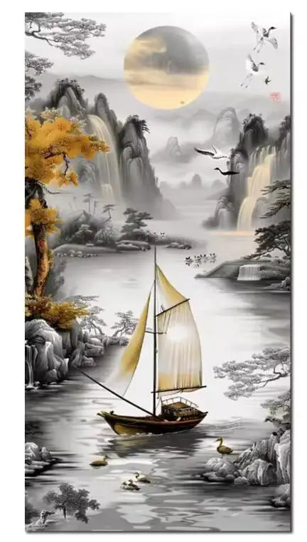 New Arrivals 5D Diamond Painting Art Golden Waterfall Tree Moon Landscape Picture Full Diamond Mosaic Embroidery Rhinestone