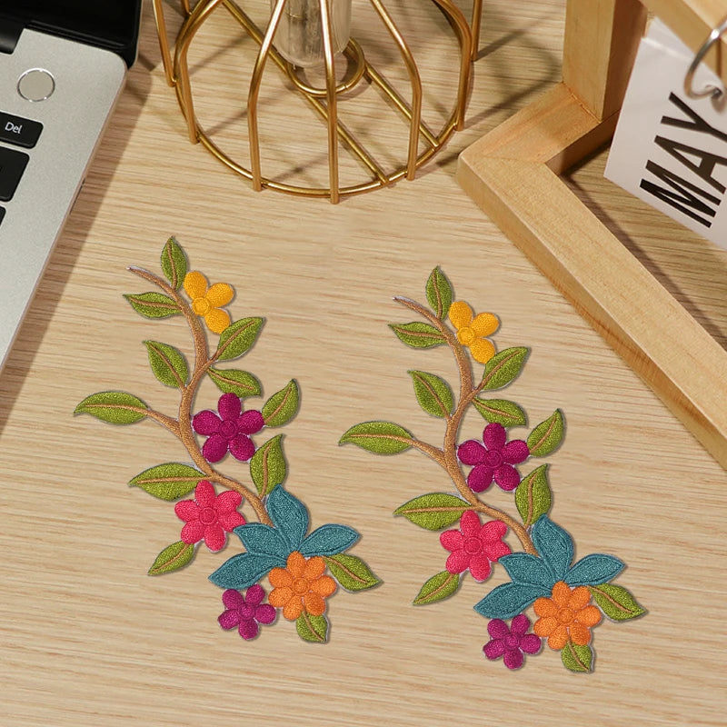 2 "Multi-Color Teal" 3D, Floral Embroidered Iron-On Patches