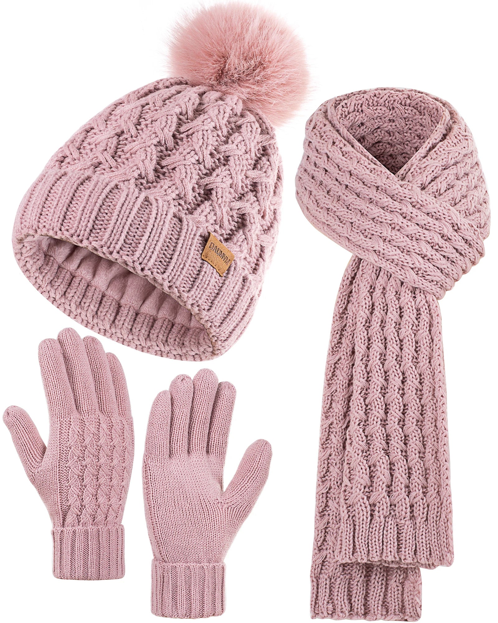 Womens Winter Beanie Hat Touchscreen Gloves Long Neck Scarf Set