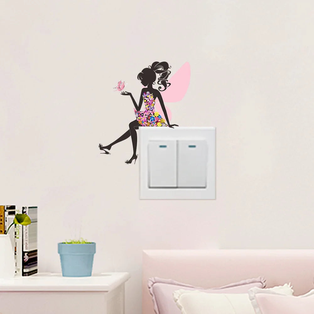 wall stickers switch Butterfly girl children's room, mural Self-adhesive Wall Decals