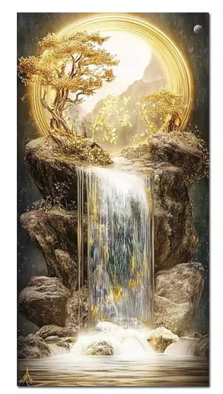 New Arrivals 5D Diamond Painting Art Golden Waterfall Tree Moon Landscape Picture Full Diamond Mosaic Embroidery Rhinestone