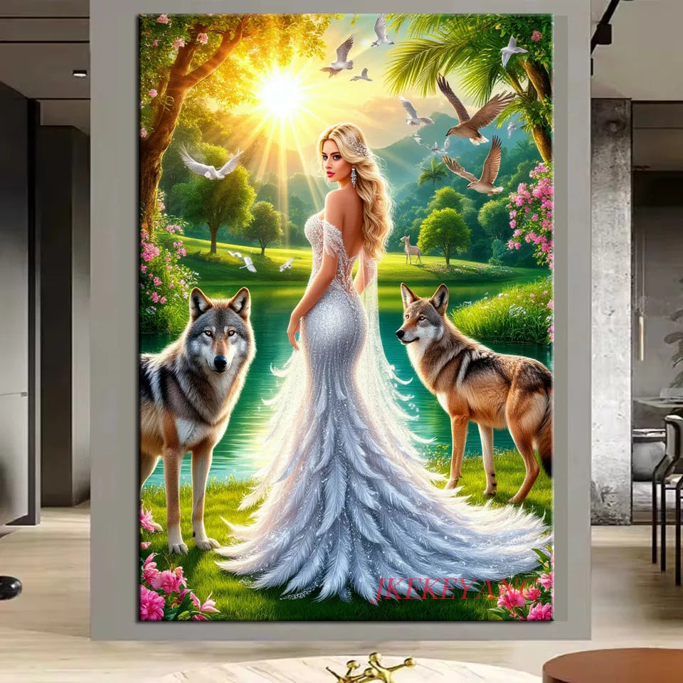 5D Diy Diamond Embroidery Beautiful Woman and Animals Picture Diamond Painting