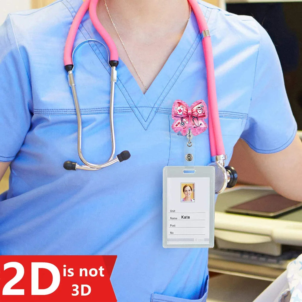 Pink Stethoscope Badge Reel - 2D doctor-themed ID clip for nurses, doctors, and medical staff.
