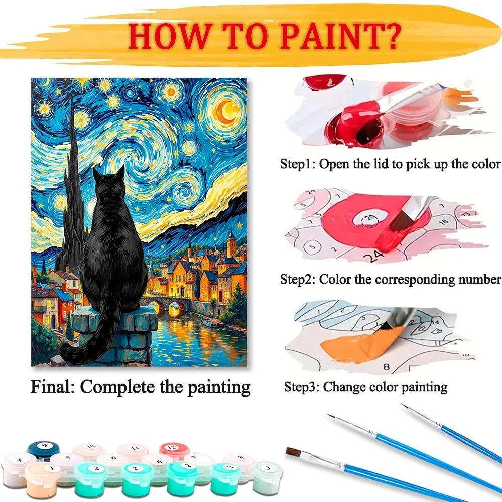 Cat in Van Gogh Starry Night Diy Art Paint By Numbers For Adult