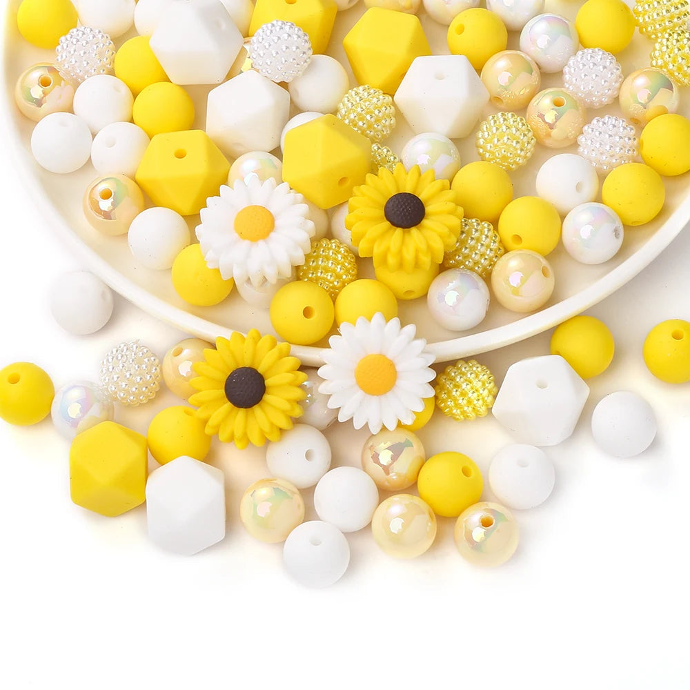 70Pcs Daisy Silicone Bead Set Multi-Shape for Pens Lanyard Keychain Bracelet Making